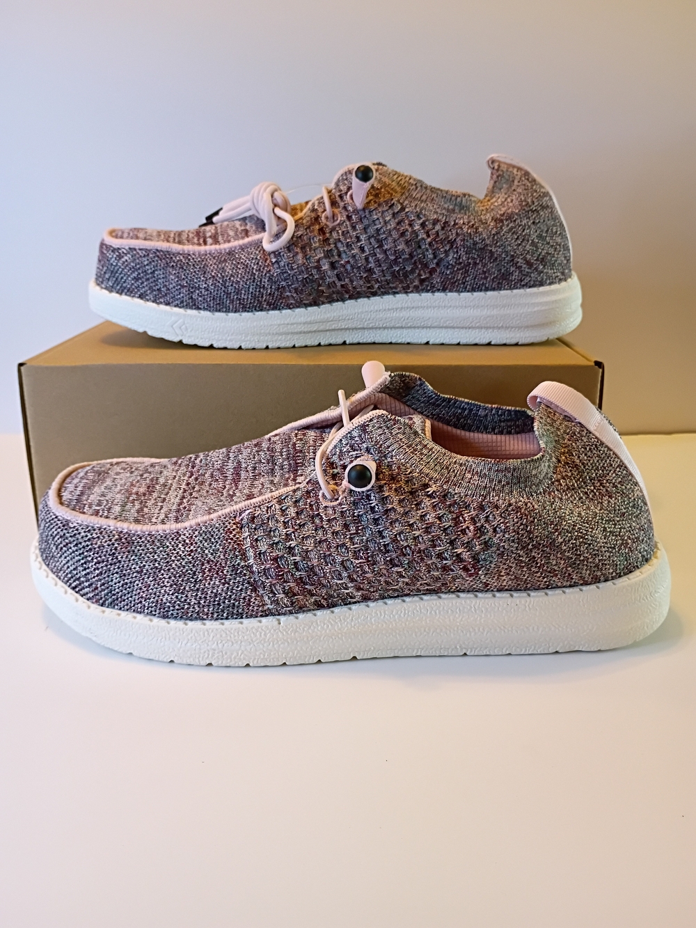Knit Slip-On Steel Toe Sneakers in Multi-Color with Pink Trim